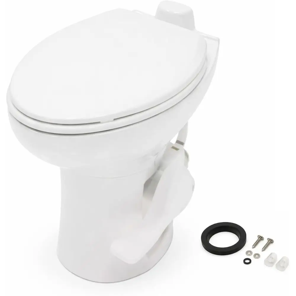 Porcelain RV Toilet with Elongated Bowl, 19” Residential Height, Gravity Flush, Foot Pedal Flush, Soft Close Seat, Easy Install,
