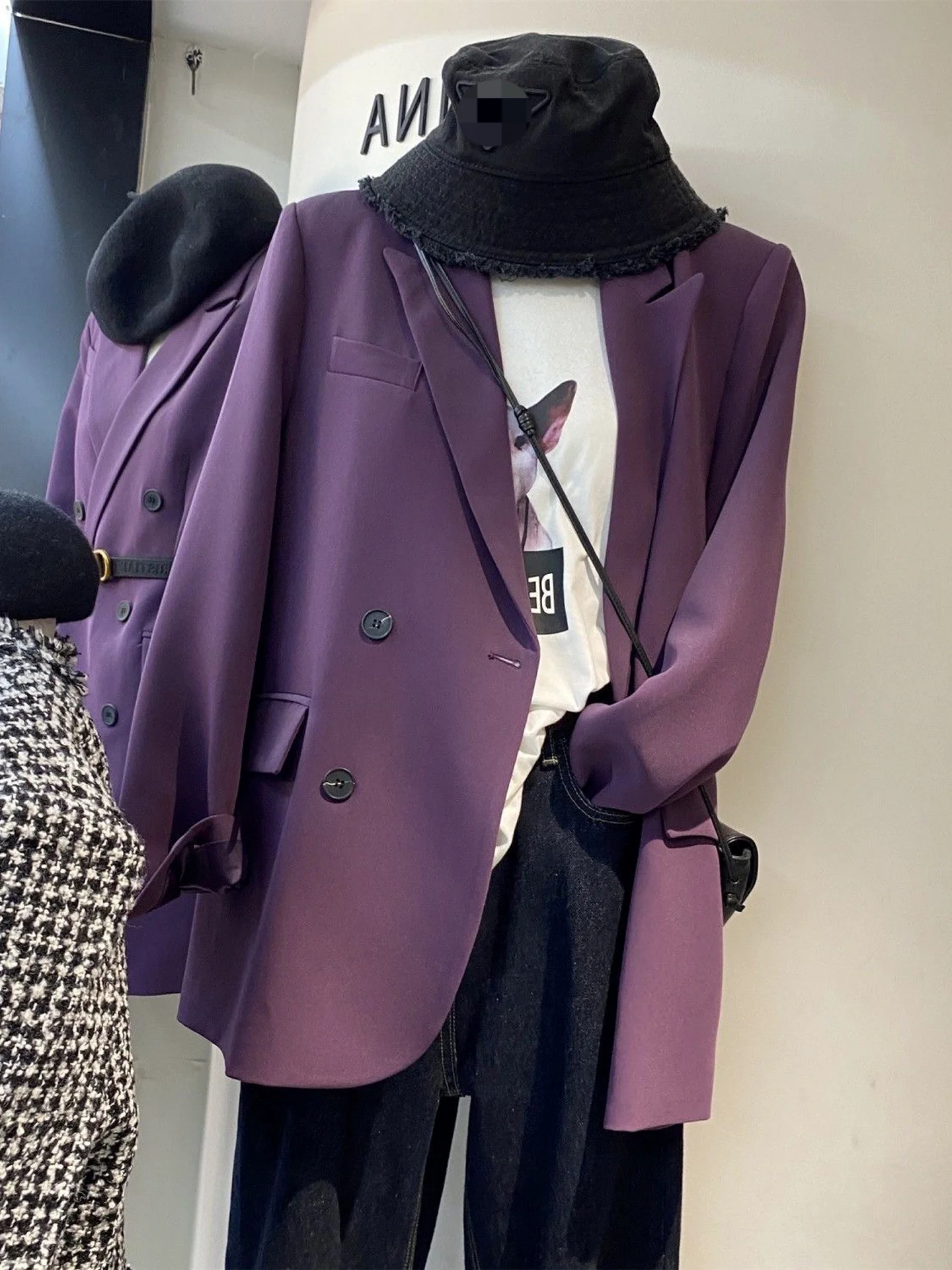 Korean Style Casual Versatile Purple Suit Jacket Women's Autumn New Double Button Small Western Style Top Fashionable High En...