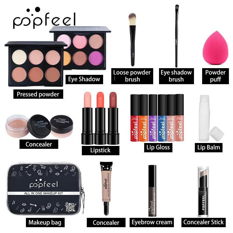 Best Selling Popfeel Makeup Kit Full Set Eyeshadow Eyeliner Brow Powder Lip Concealer Foundation Blush Gifts for Women Cosmetics