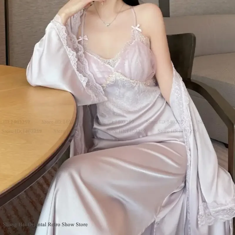 

Sexy Patchwork Lace Long Robe Nightgown 2-Piece Set Women Satin Bathrobe Gown Loungewear Summer Sleepwear Home Dress Lingerie