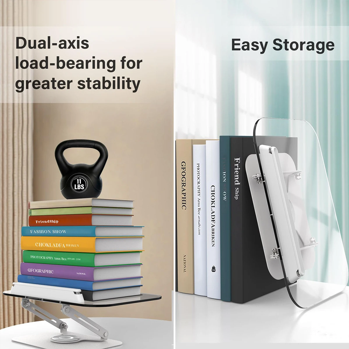 Book Stand for Reading, Adjustable Book Holder with 360° Swivel Base Foldable Stand Recipe Book Holder with Elastic Page Clips