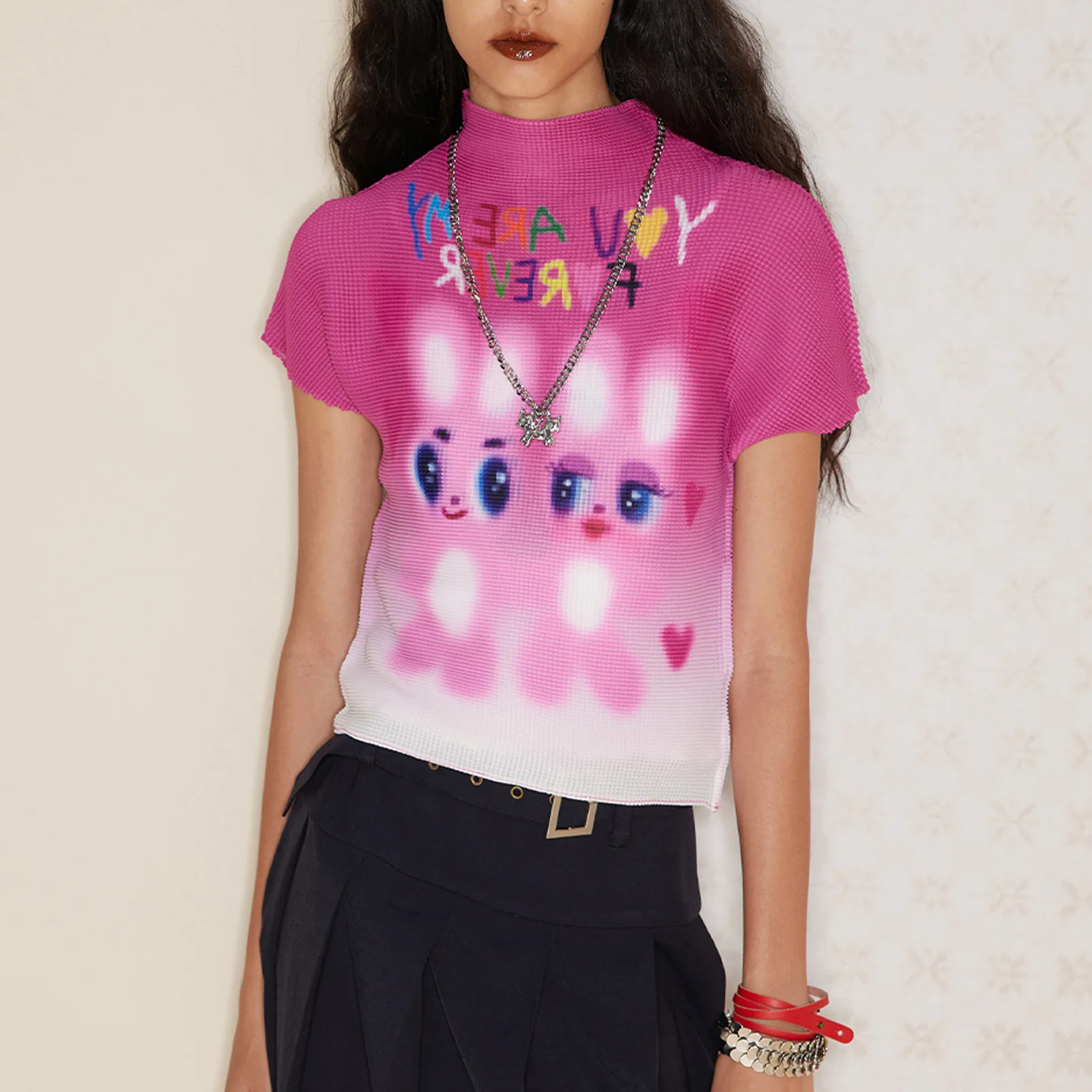 

Summer short sexy crop top women's half high neck printed slim fit short sleeved T-shirt women clothing