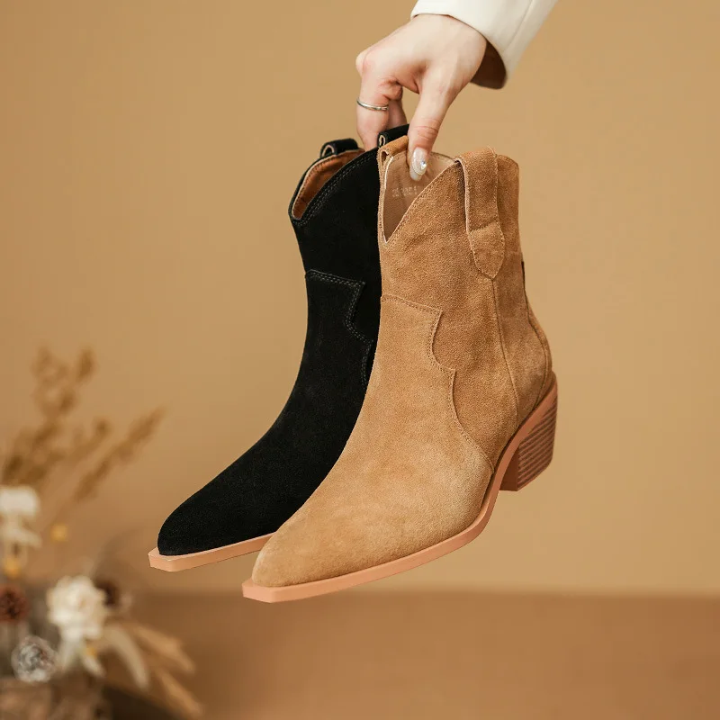 

bast buy Size 35-42 Cow Suede Leather Boots Women Autumn Winter Western Boots Chunky Heels Ankle Boots For Women Chelsea Botas