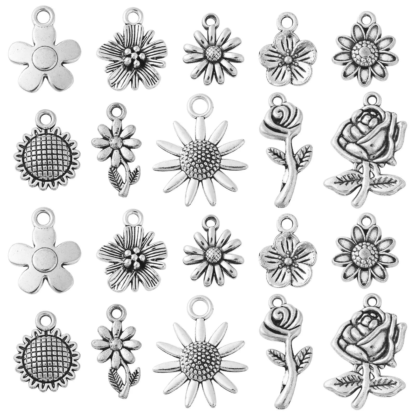 

100Pcs 10 Styles Tibetan Silver Charms Antique Silver Rose Daisy Charms Vintage Floral Flower Charms for DIY Jewelry Making