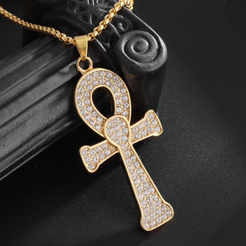 Men's and Women's Fashion Creative Shining Ice Crystal Zirconia Cross Ancient Egyptian Key of Life Pendant Necklace Lucky Amulet