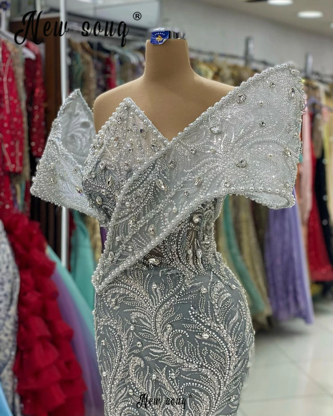 Aso Ebi-Vestido de noite sem ombro prateado para mulheres, árabe, prata, sereia com brilho, casamento, vestidos de festa, vestidos longos de baile