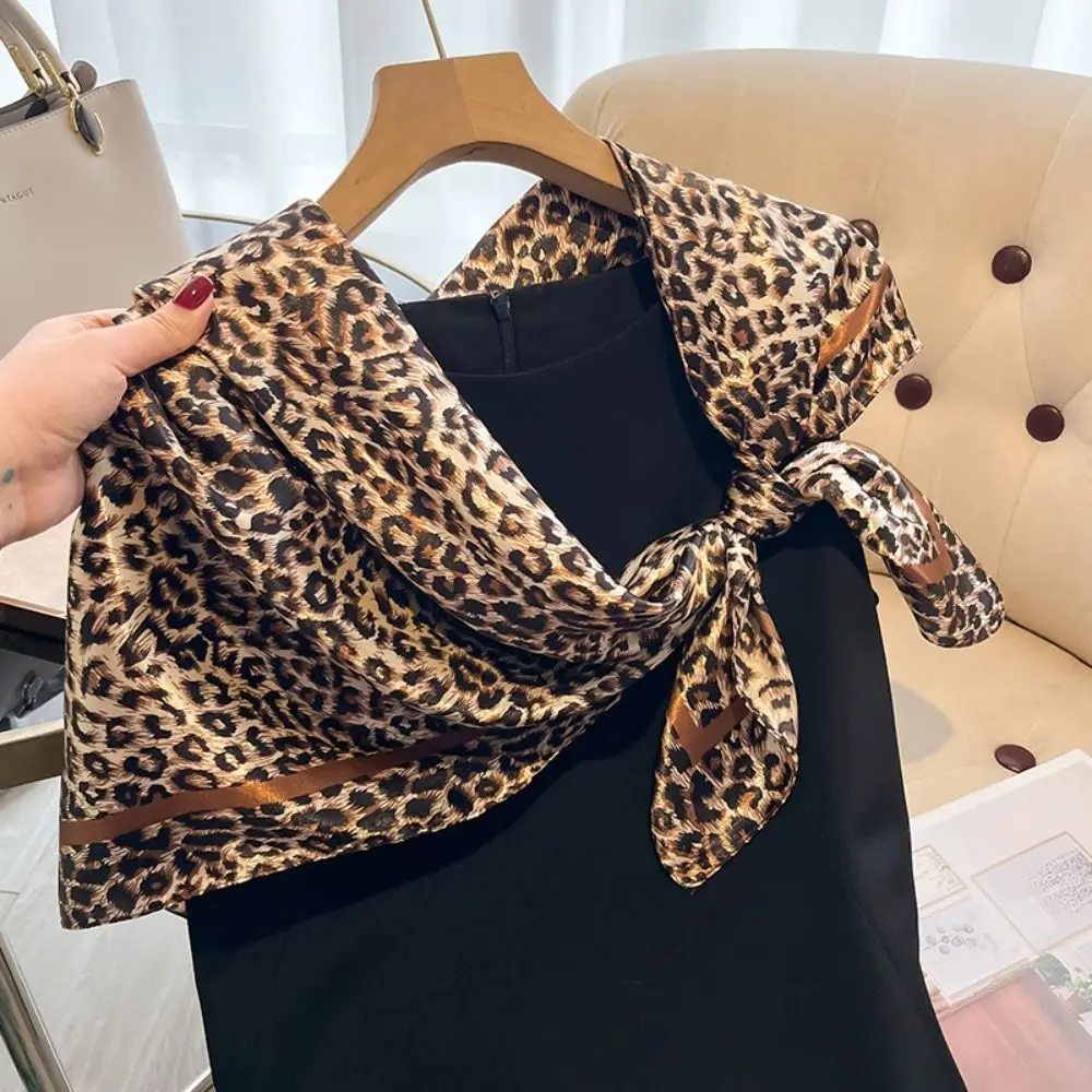 Elegant 90cm Women Square Scarf Leopard Print Satin Bandana Lady Hair Shawl Wrap Neck Foulard Large Hijab Female Neckerchief