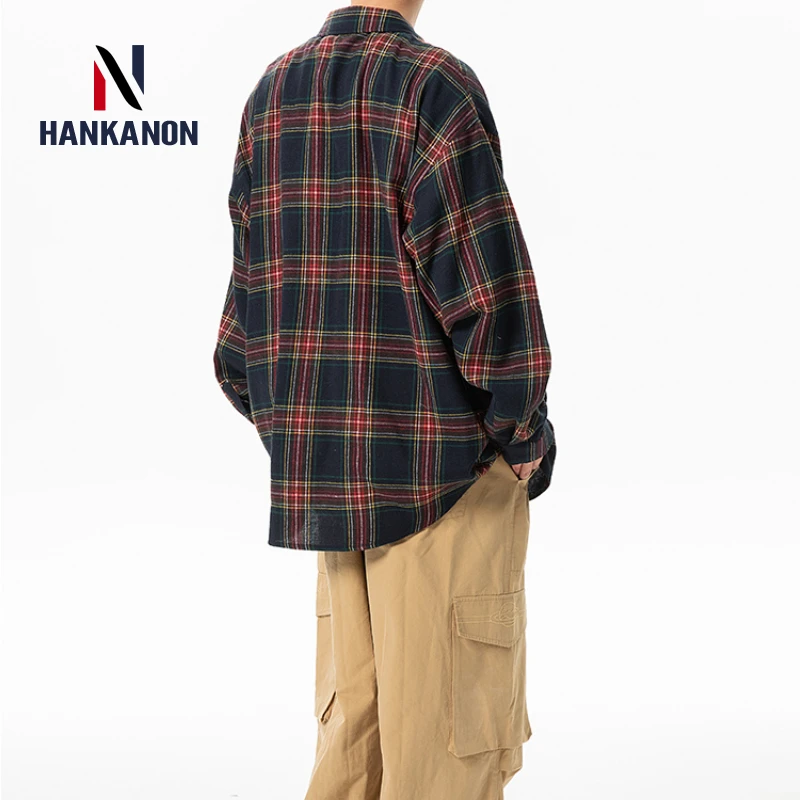 Plaid Shirt with Long Sleeves, Loose Fit, for Casual Men, Harajuku Style, Spring and Autumn Brushed Cotton Shirt.Oversized