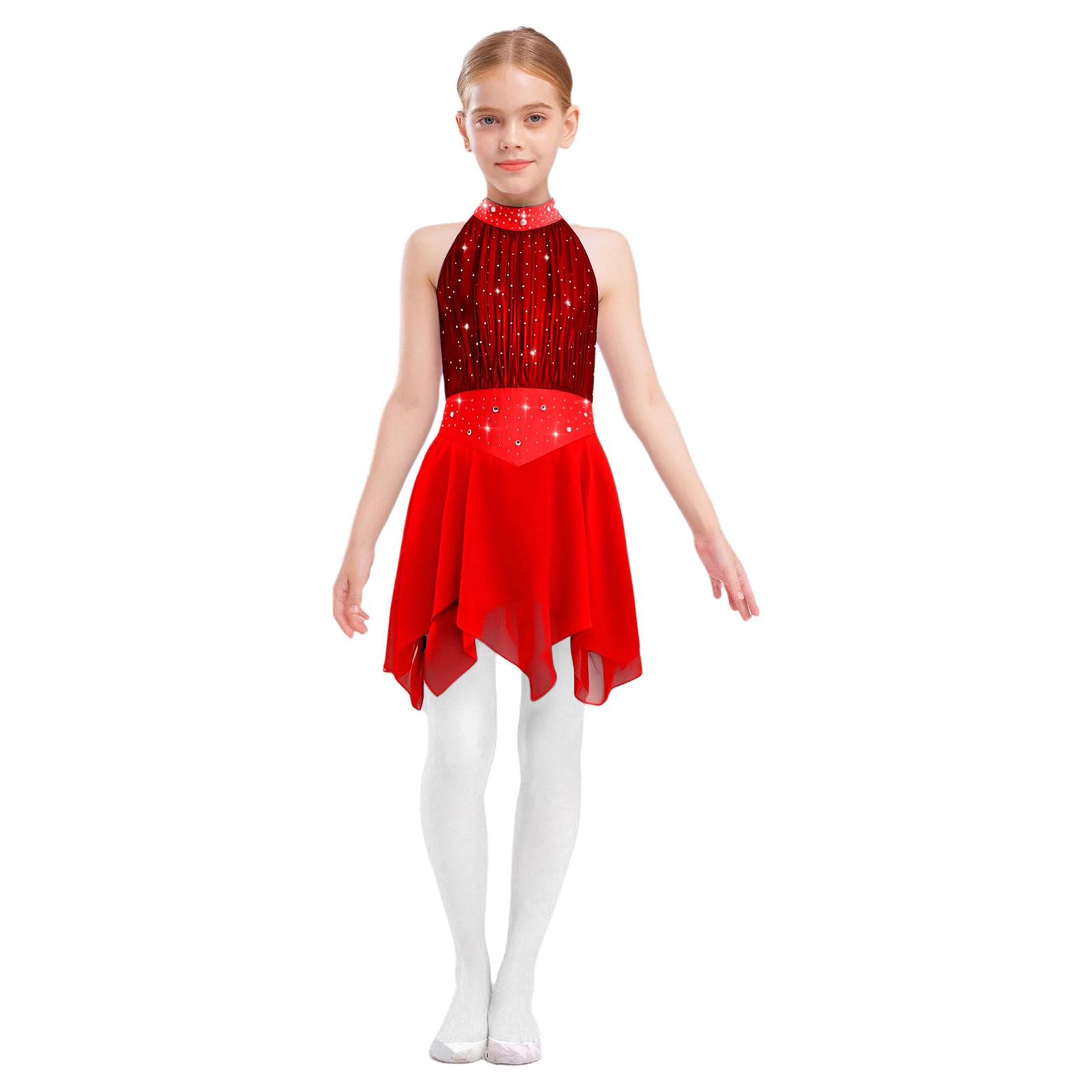 

Girls Figure Skating Lyrical Dance Dress Ballet Gymnastics Performance Costume Sleeveless Shiny Rhinestones Mesh Bodice Leotard
