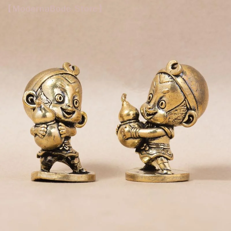 【M】Retro Exquisite Brass Cartoon Sun Wukong Hug Gourd Figurine Home Desktop Decoration Ornaments Gift