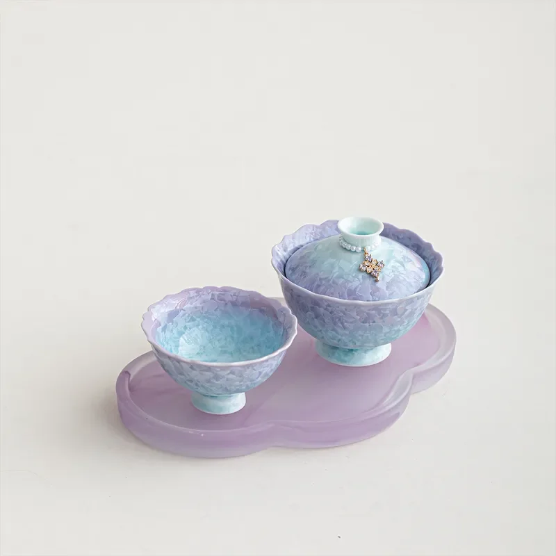 Cyan Purple Gradient Glaze Ceramic Kung Fu Tea Set Single Person Travel Cup Bowl Portable Drinking Ware for Office Home Use