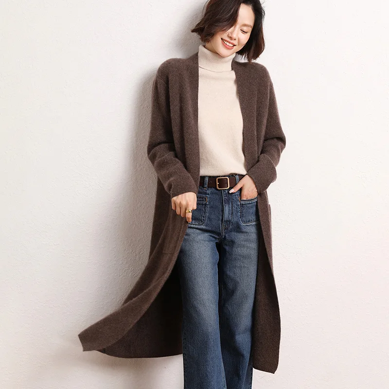 Autumn Winter New Pure Cashmere Long Cardigan Women\'s Thickened Over Knee Sweater with Pocket Coat Loose Versatile Cardigan