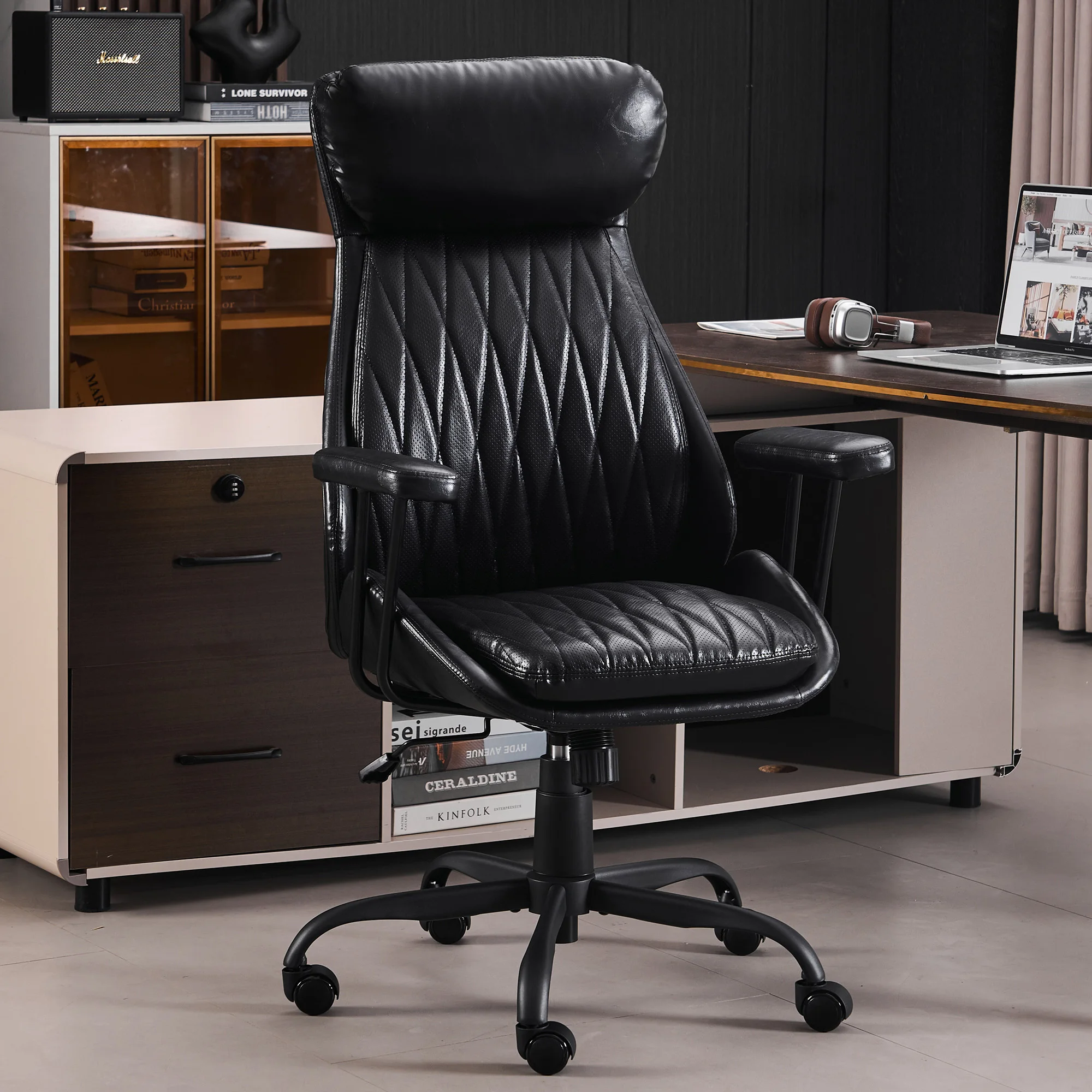 Vigosit High Back Office Chair,Brown /Black Executive Desk Chair Enomic Retro Modern Chair with Wheel and Lumbar Support Adjustable Height Rocking Swivel Manageria Chair for Home Office