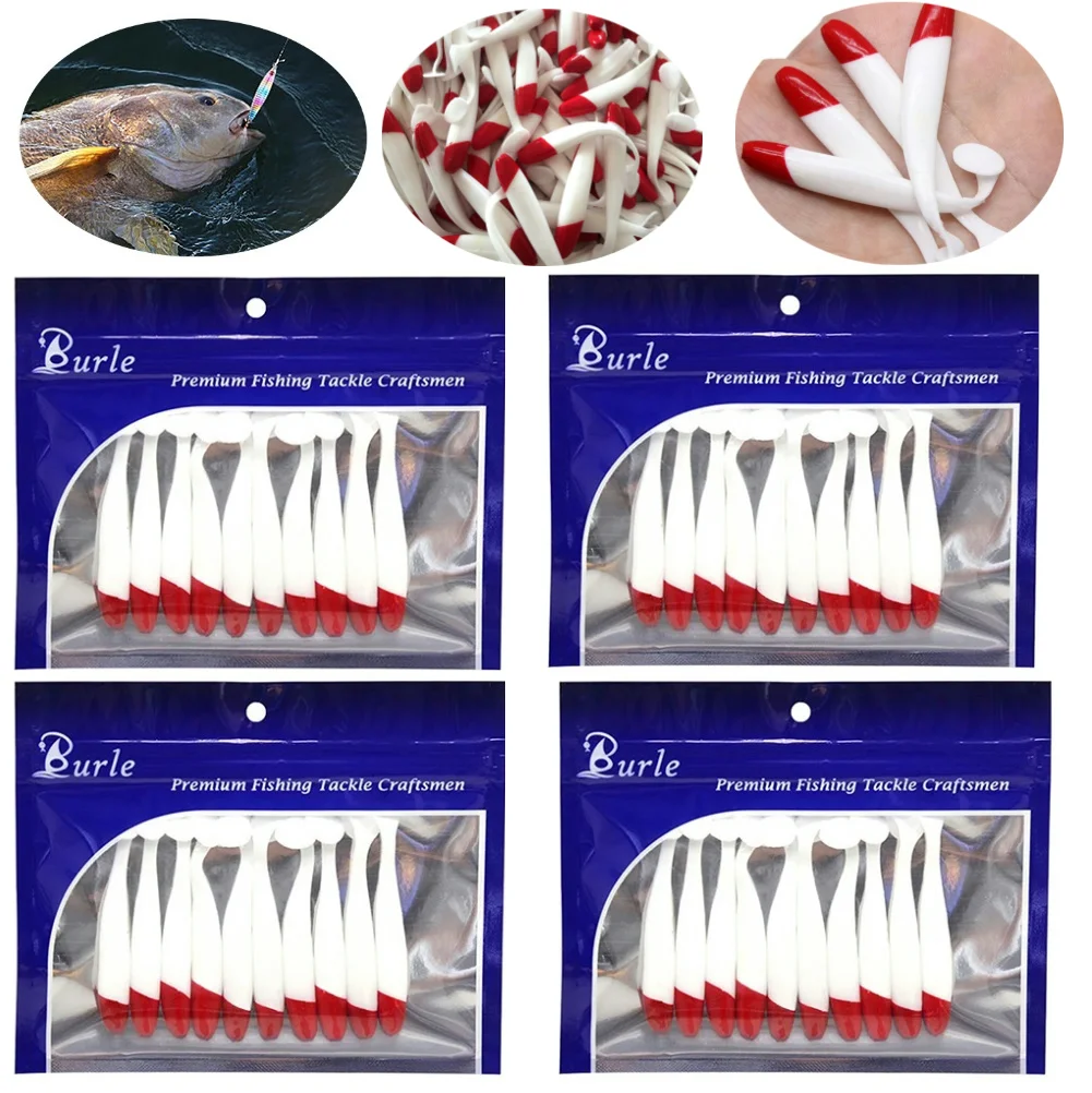 50-10PC Simulation Paddle Tail Bait 5.5/6.3/7cm Artificial Worm Swimbait PVC Red Head White Body T Tail Bait Fishing Accessories