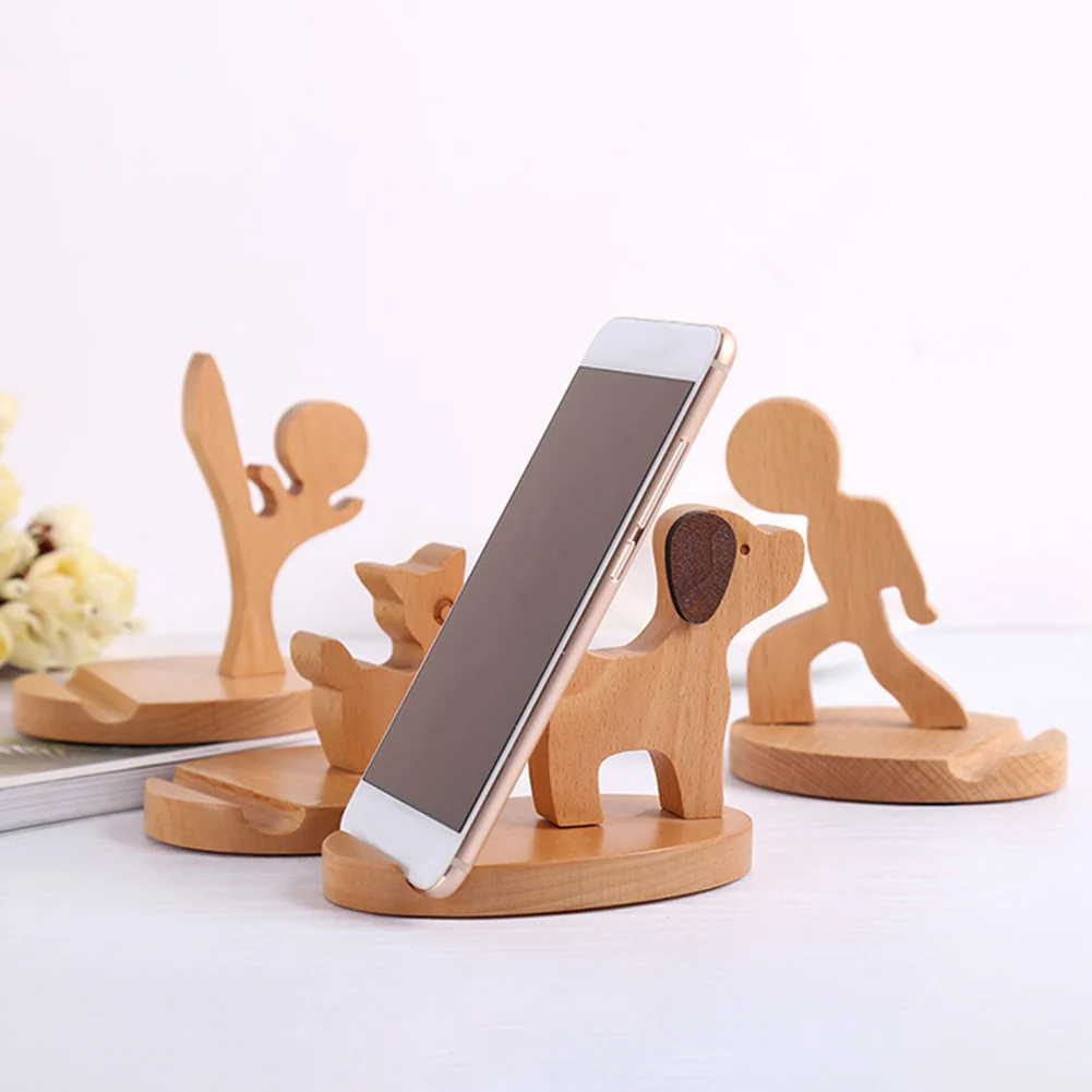 Cute Dog/Deer Smartphone Desk Holder Non-Slip Wooden Cell Phone Stand Dock Holder Mobile Desktop Stand for All Mobile Phones