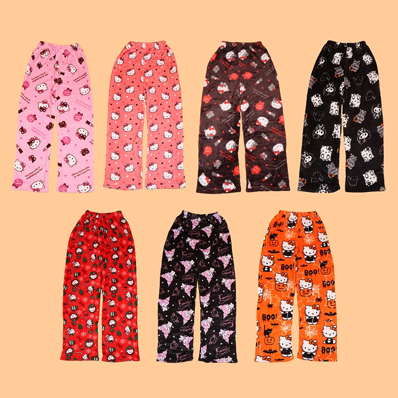 Sanrio Hello Kitty Pajamas Cartoon Kuromi Flannel Trousers Pajamas Long Pants Casual Home Pant Halloween Christmas Gift