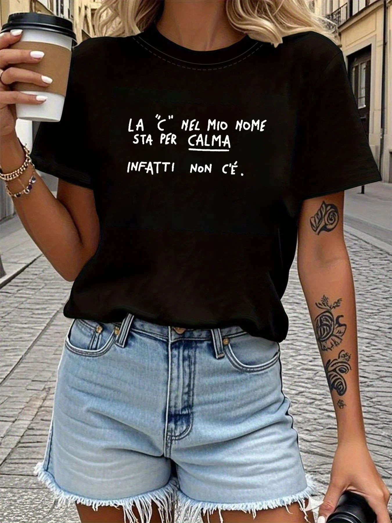 

Women's T-shirt Short Sleeve LA "C" NEL MIO NOME STA PER CALMA Italian Letter Print Crew Neck Casual Top For Summer & Spring