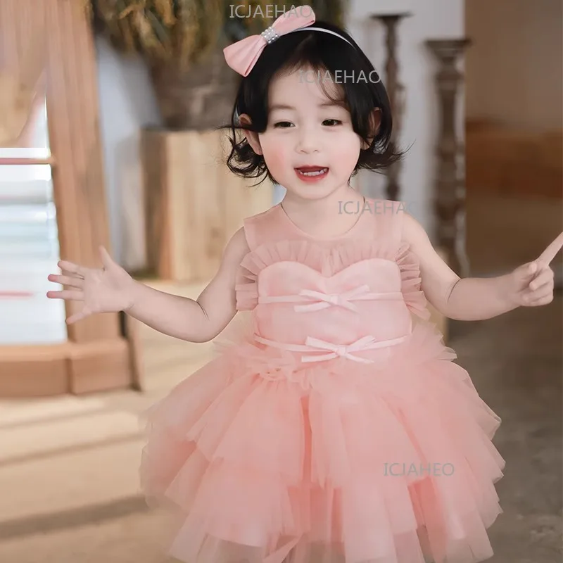 Children Girls First Birthday Dress Girl Tutu Pageant Party Flower Girl Formal Costume Premium Baby Pink Princess Gown Flower