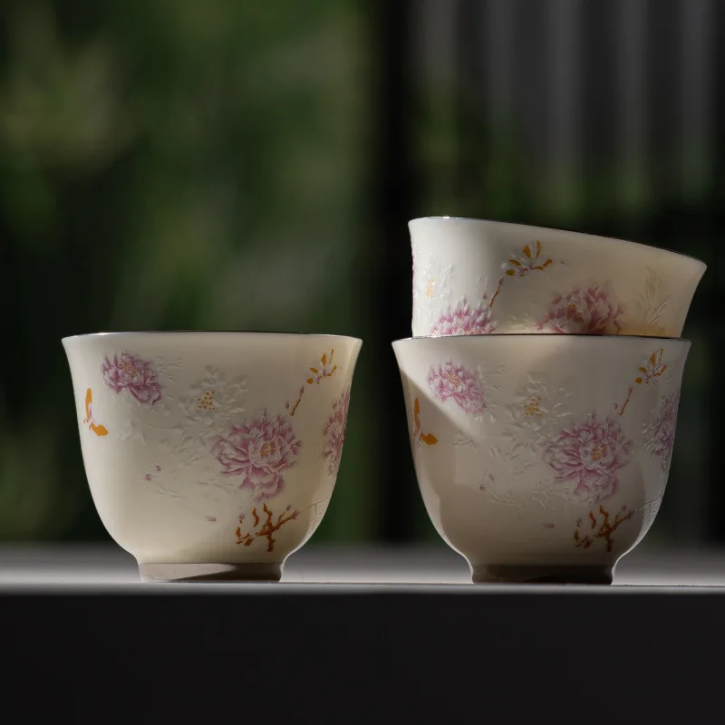 Apricot Yellow and White Gold Two-talented Covered Tea Cup Tea Bowl Ceramic Oven Mitt Household Hand-brewed Tea Bowl Teacup