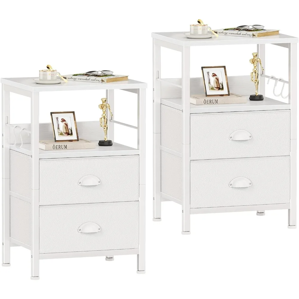 Pair of Furologee Nightstands - Dual Drawer Fabric End Tables with Hooks and Open Shelf for Bedside Storage