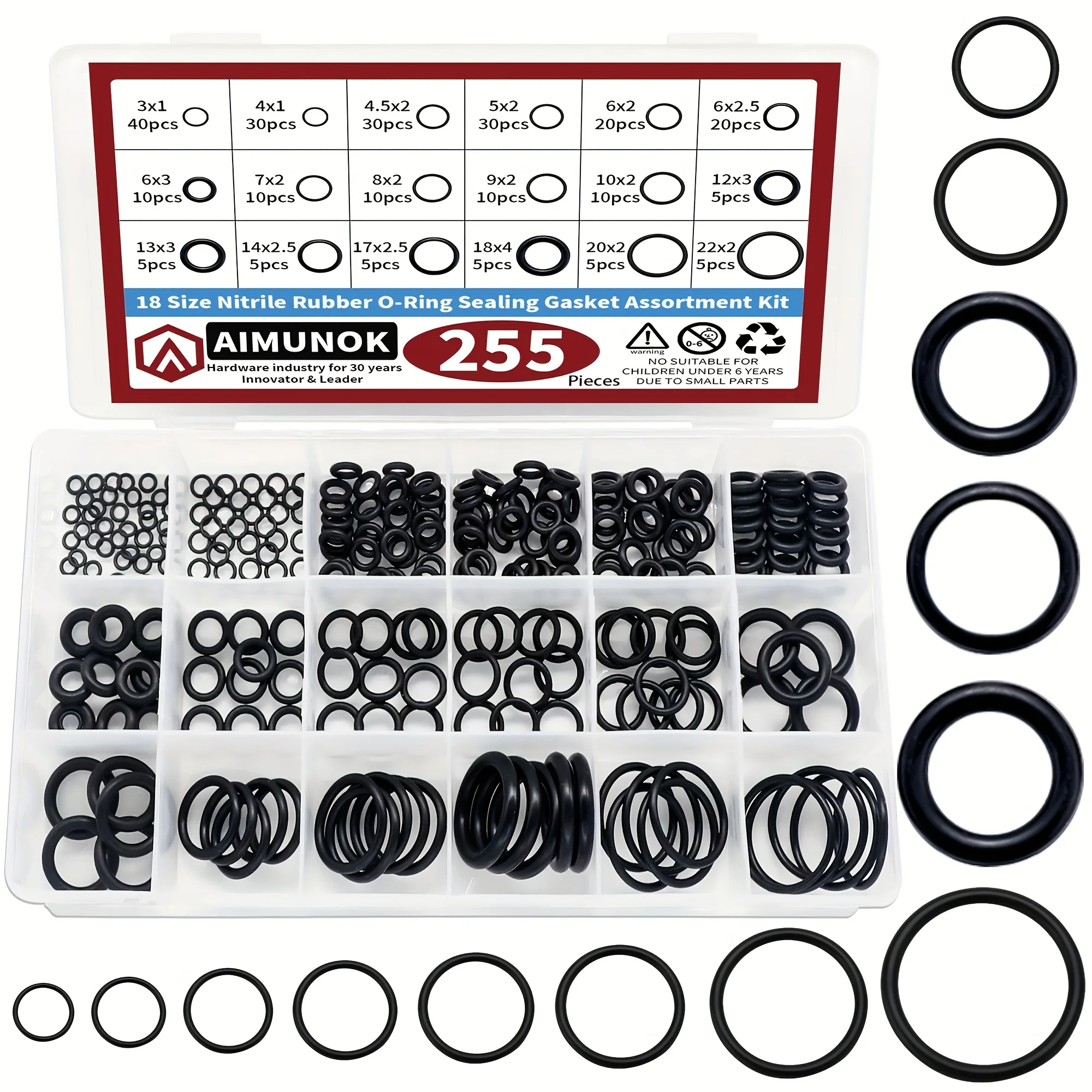 255 Piece Rubber O-Ring Kit, 18 Size Metric Nitrile Rubber Gasket Sealing Classification Kit, Used for Pipeline Faucets, Automot