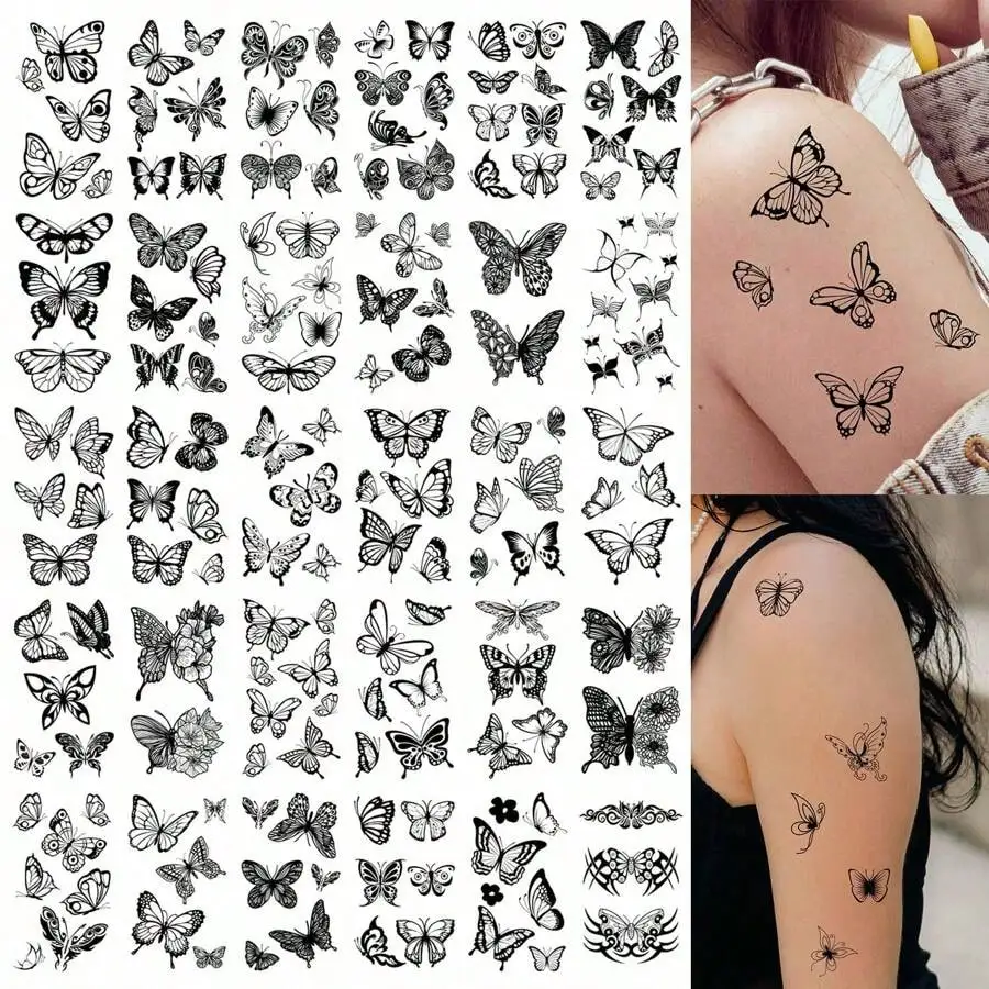 

30Sheets 163 Black Butterfly Patterns Temporary Tattoo Stickers For Women,Waterproof For 3-7 Days,Body Art Decal Fake Tattoo Perfect For Parties HJAB