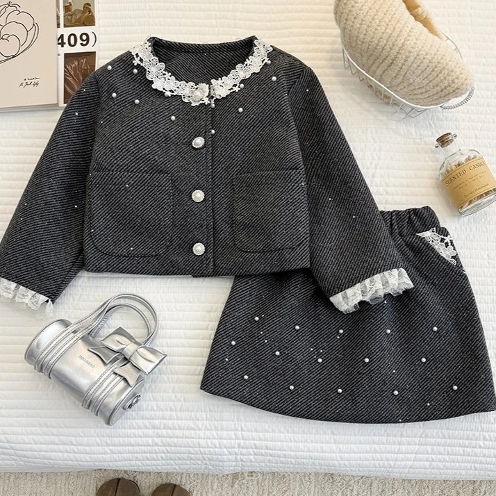 

Girls Suit 2026 Spring and Autumn New Childrens Clothes Girls Baby Temperament Lace Coat Pin Bead Short Skirt Two Sets