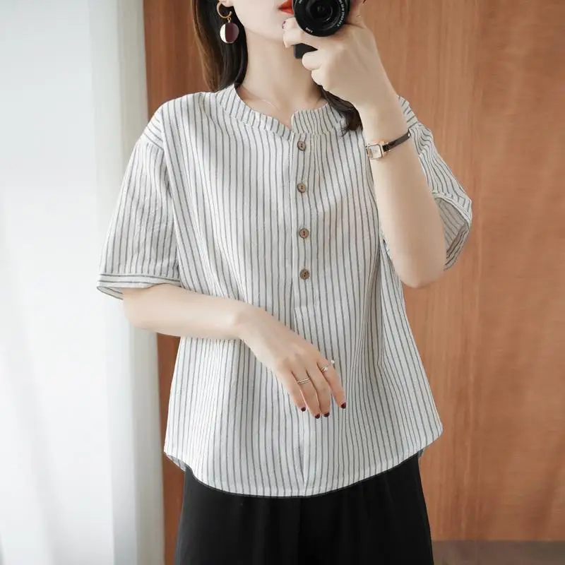 2023 Summer Fashion Trend Commuting Simple Standing Neck Panel Button Stripes Show Thin Loose Relaxed Versatile Women's Shirt