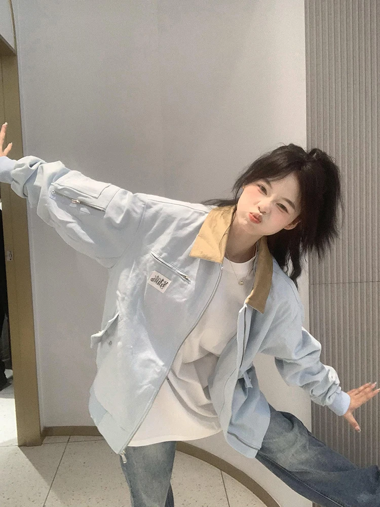 

Американская ретро-бейсбольная куртка в стиле колор-блок для женщин, свободного кроя, повседневная, весна-осень, новинка, высококачественный корейский топ