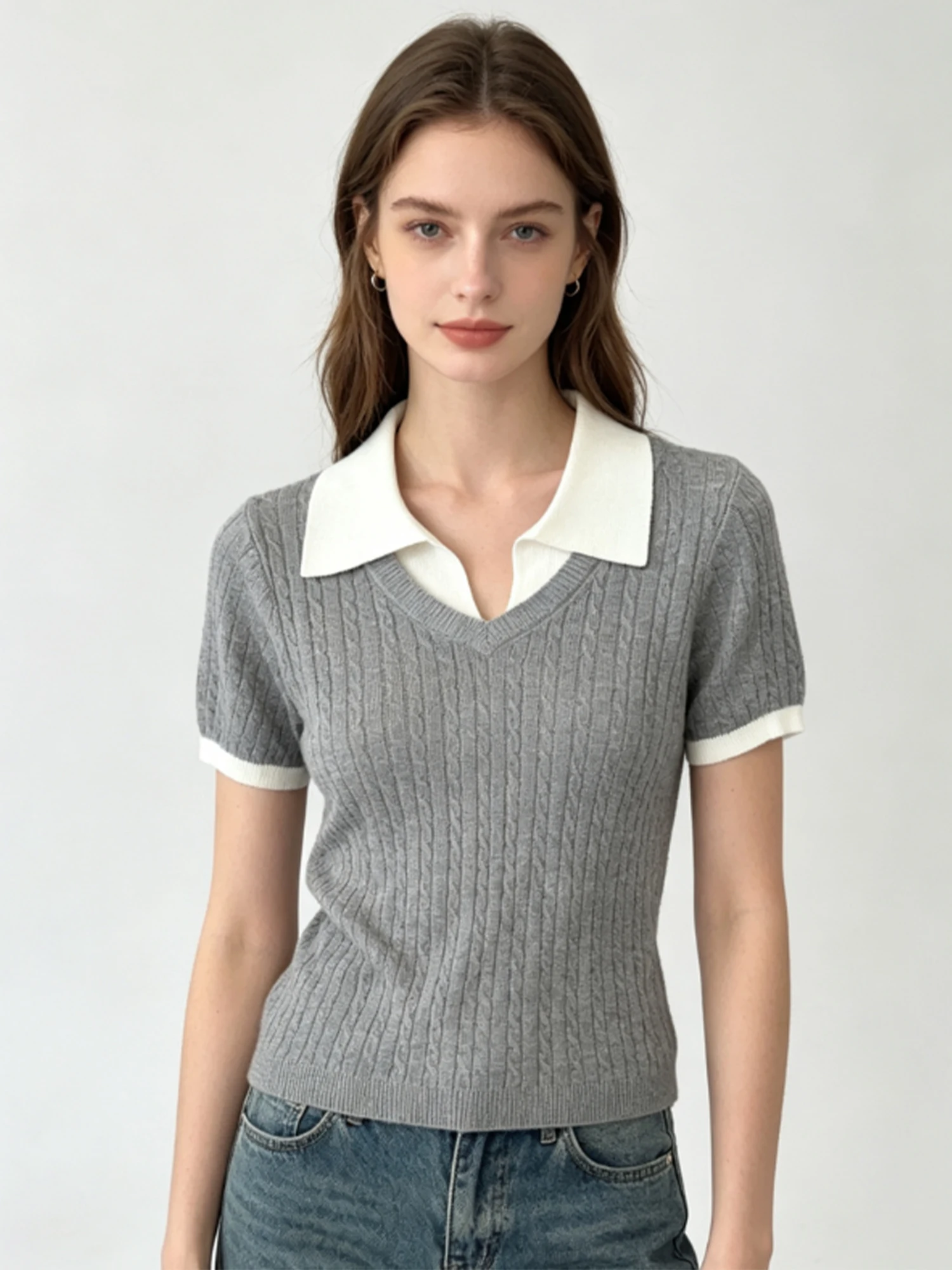 Women's Grey T-shirt Fake Two-piece Knit Short Sleeve T-shirt Korean Style Y2K Gyaru Knitwear Retro Elegant Top for Women Summer