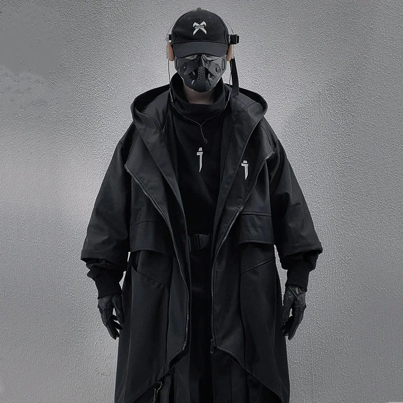 

Hot Sale Black Punk Hip Hop Techwear Hooded Trench Coat Mens Irregular Design Half-sleeve Street Casual Long Jacket Cloak