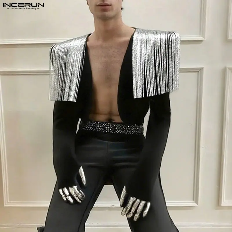 

INCERUN Men Jackets Tassel Patchwork Long Sleeve Open Stitch Male Coats Streetwear 2025 Fashion Casual Crop Coats Men Jackets