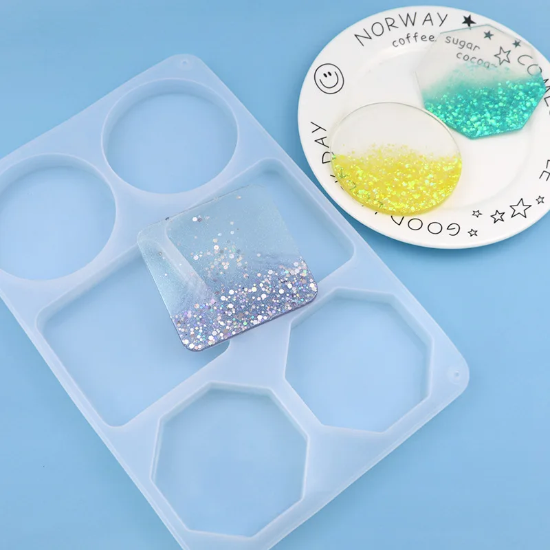 DIY Crystal Glue 6-even Polygon Teacup Mat Pieces Silicone Mold Six-Cavity Square Round Mould 1127