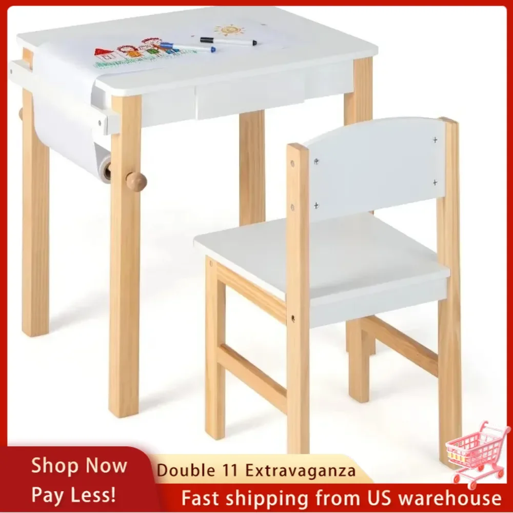 Kids Table and Chair Set, Toddler Study Desk w/Paper Roll, Drawer, 2 Marker Pens, Wooden Activity Table Set for Playroom