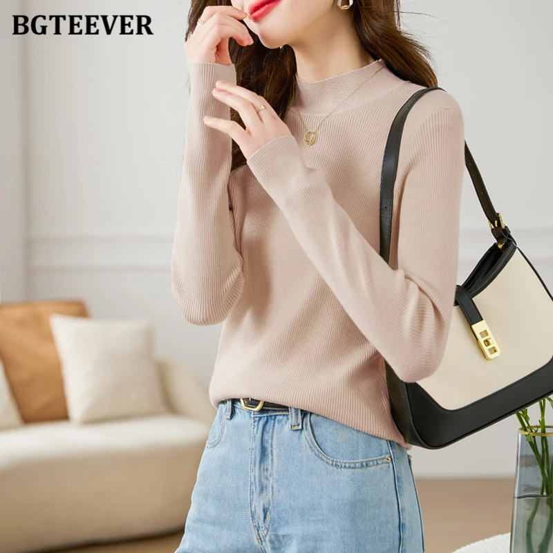 BGTEEVER سترات نسائية ضيقة ذات ياقة عالية بنصف ياقة عالية سترات خريف وشتاء غير رسمية أساسية بأكمام طويلة قطع علوية نسائية محبوكة #2