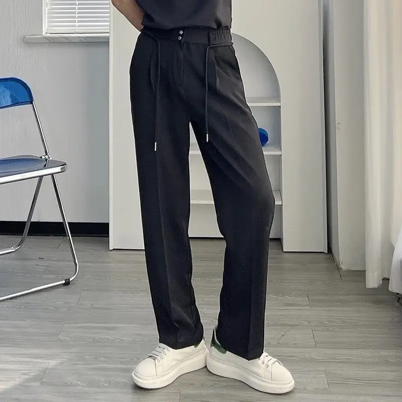 Spring Autumn Solid Color Fashion Elastic Waist Straight Pants Man High Street Zipper Button Pockets Harajuku Thin Suit Trousers