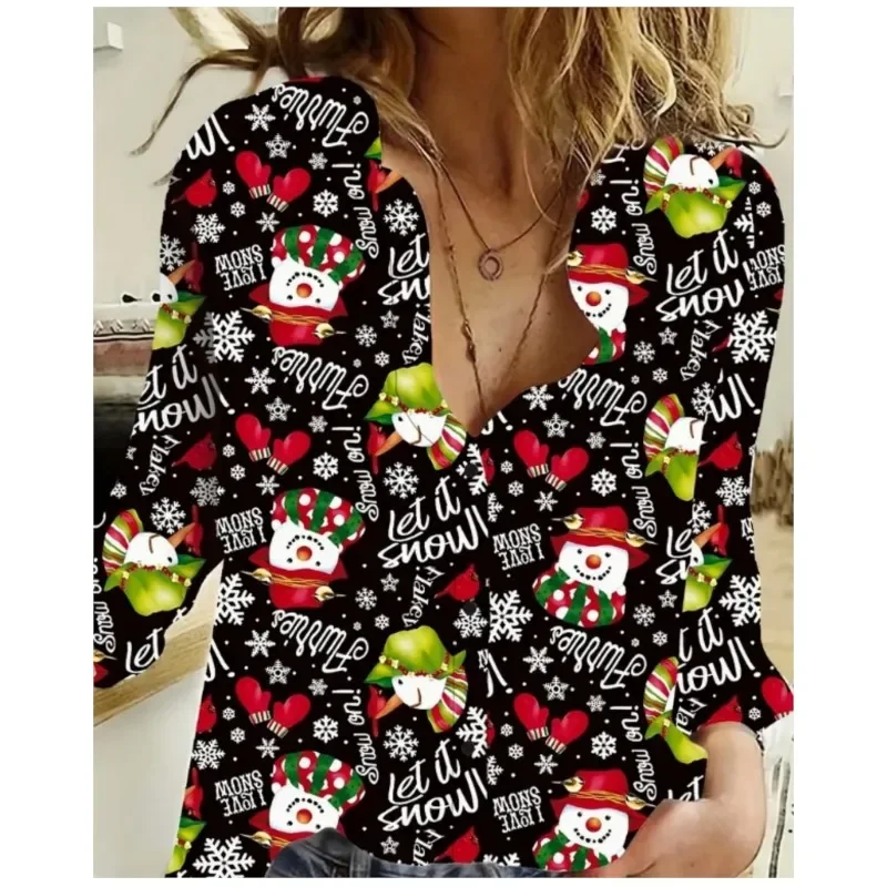 2024 New Spring Autumn Ladies Blouses Casual Comfortable Christmas Print Patterns Women\'s Long Sleeve Shirt Christmas Party Tops