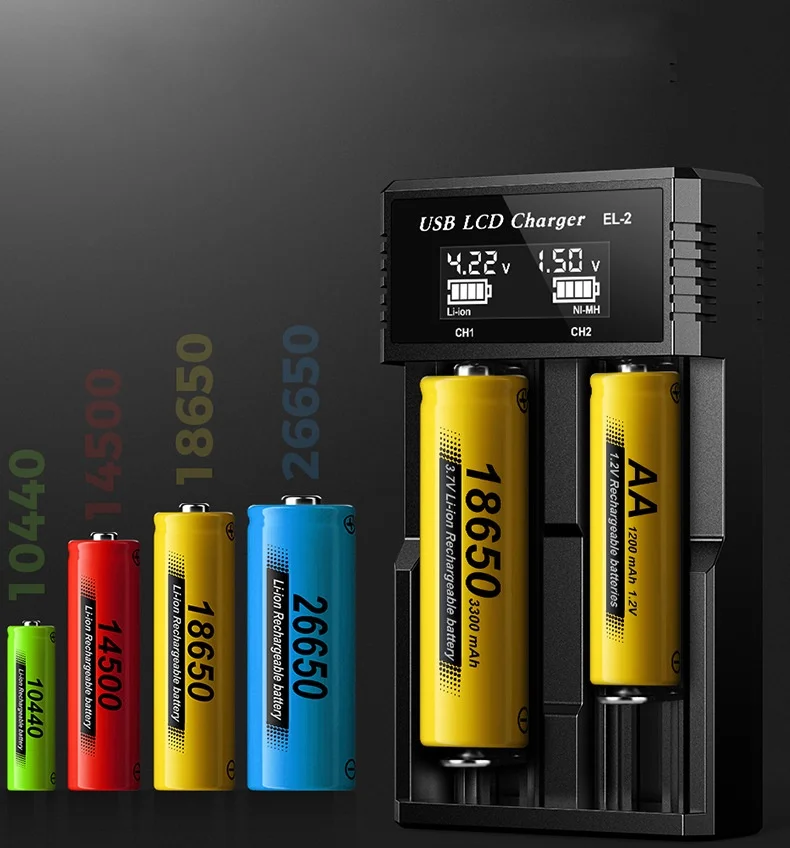 شاحن بطارية USB ذكي LCD بفتحتين لبطاريات ليثيوم 18650 3.7 فولت قابلة لإعادة الشحن وبطاريات Ni-MH AA/AAA 1.2 فولت - كشف وشحن تلقائي
