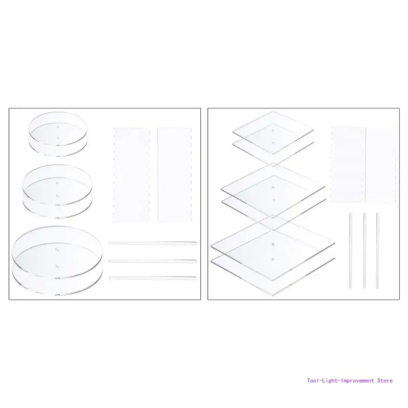 

C63E 11 Pieces Acrylic Round/Square Cake Disk Set Circle Base Boards with Center Hole Pillar Comb Scrapers Dowel Rod Butter Cake