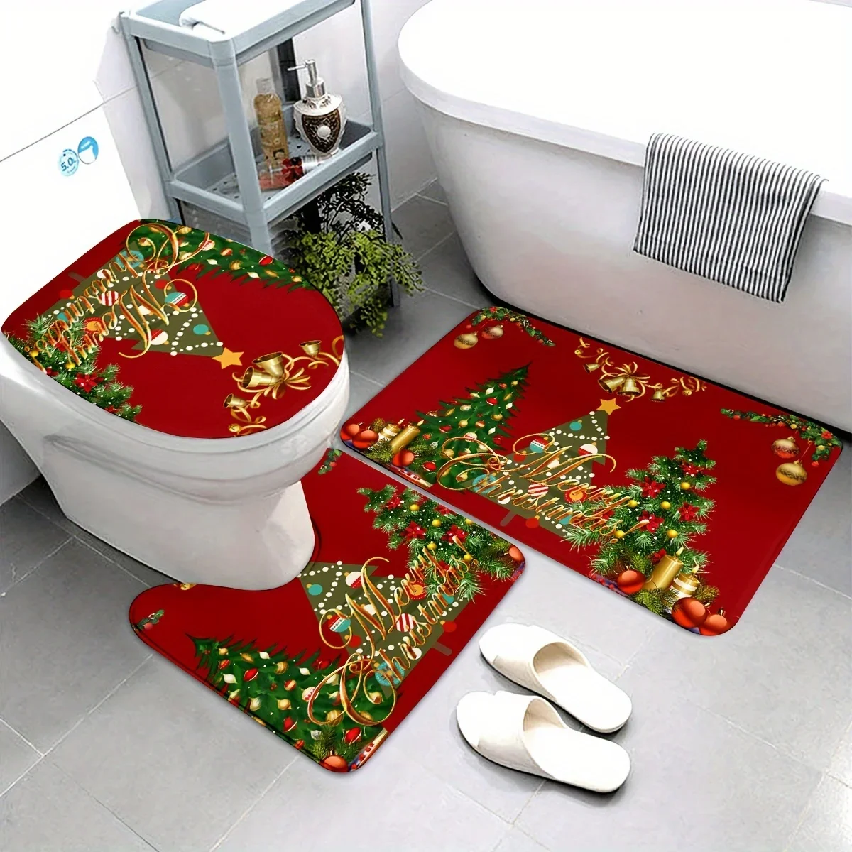 

3 Piece Christmas Tree Bathroom Carpet Set Home Holiday Flannel Decorations and Accessories Floor Rug Toilet Cover 40*60/50*80CM