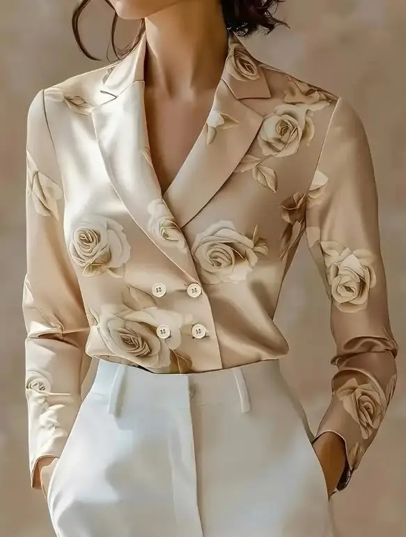Women's Shirt Spring Autumn New Elegant Temperament Style Rose Print Lapel Slim Fit Double Breasted Design Long Sleeved Shirt