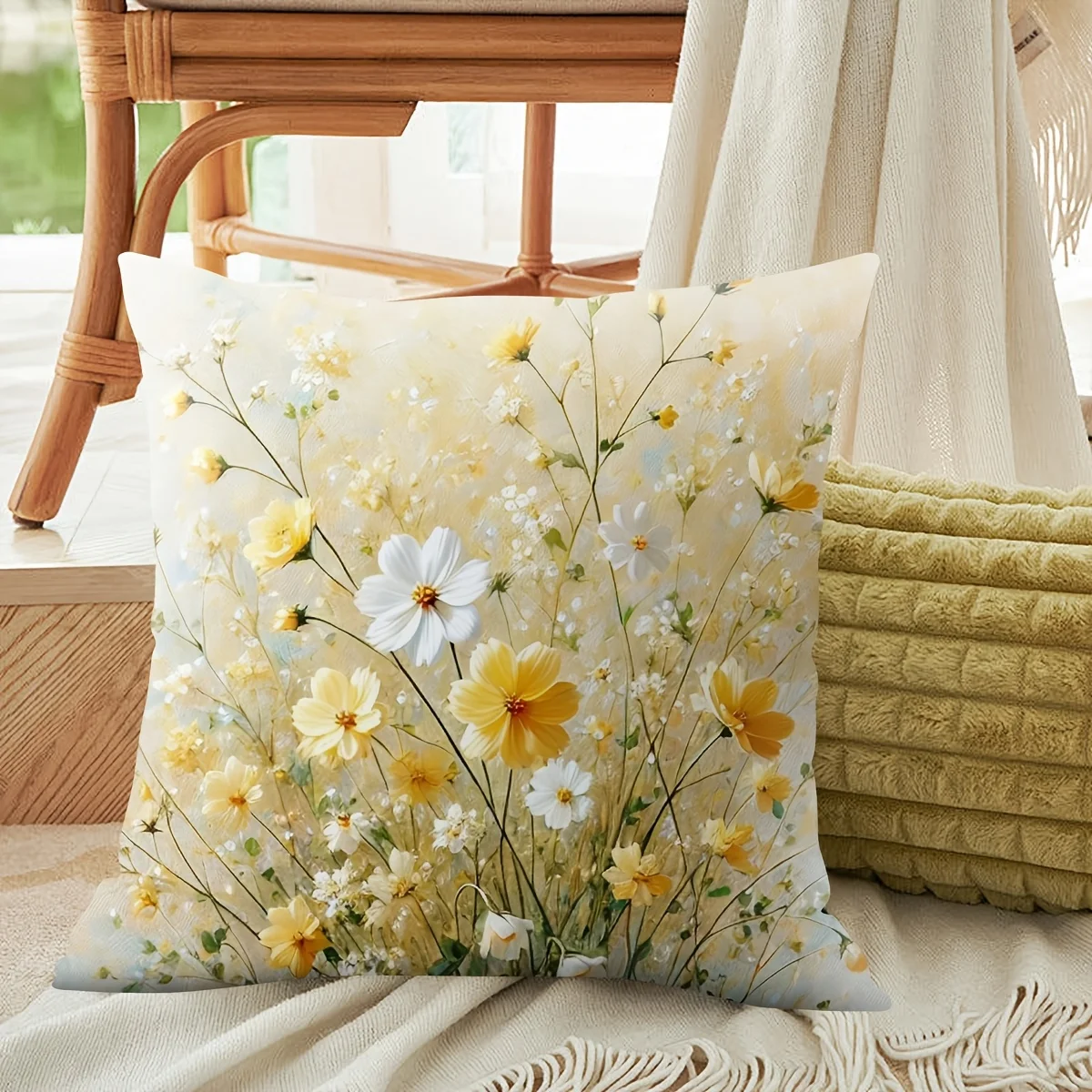 Watercolor Yellow Daisy Print Throw Pillow Cover, Soft Pastel Wildflower Botanical Decorative Cushion