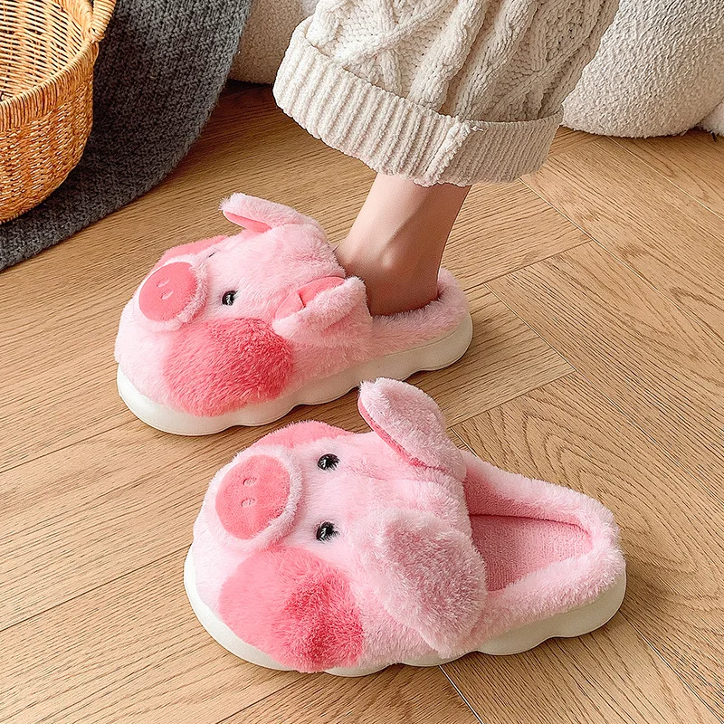 Pink piglet slippers fuzzy home shoes woman kawaii animal furry slides women's puffy piggies slippers house mules plush booties