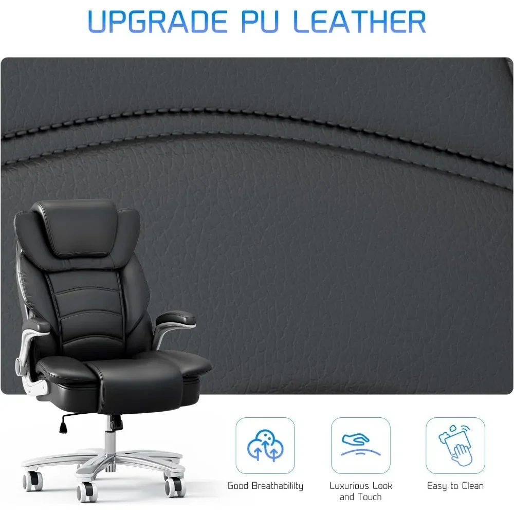 Office Chair 400lb Wide Seat, High Back Leather Executive Office Chair with Flip-up Arms, Ergonomic Computer Desk Chairs