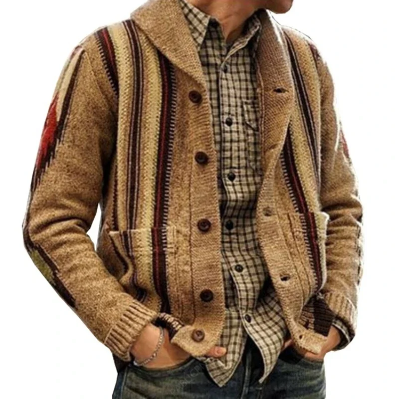 luxury fashionable Men's Long Sleeve Aztec Cardigan Autumn Winter Lapel Regular Men Knitted Sweater With Pocket