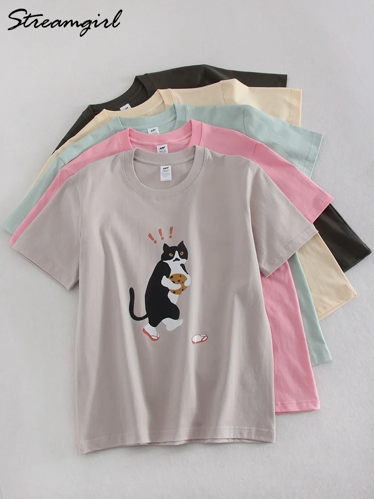 Streamgirl Cotton Graphic T Shirts Women Summer 2024 Cats Print Short Sleeve Loose Pink Tops Basic T-shirts Women Top Tees