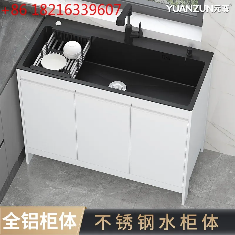 Household space aluminum cabinet combination stainless steel sink large single slot balcony vegetable basin