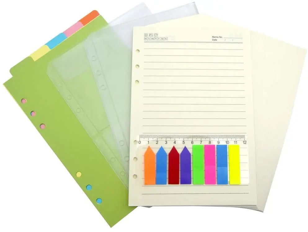 A5 A6 6 Ring Planner Accessories (Refill Paper Lined, 5 Colorful Index Dividers, Loose Leaf Pockets, Color Label Ruler