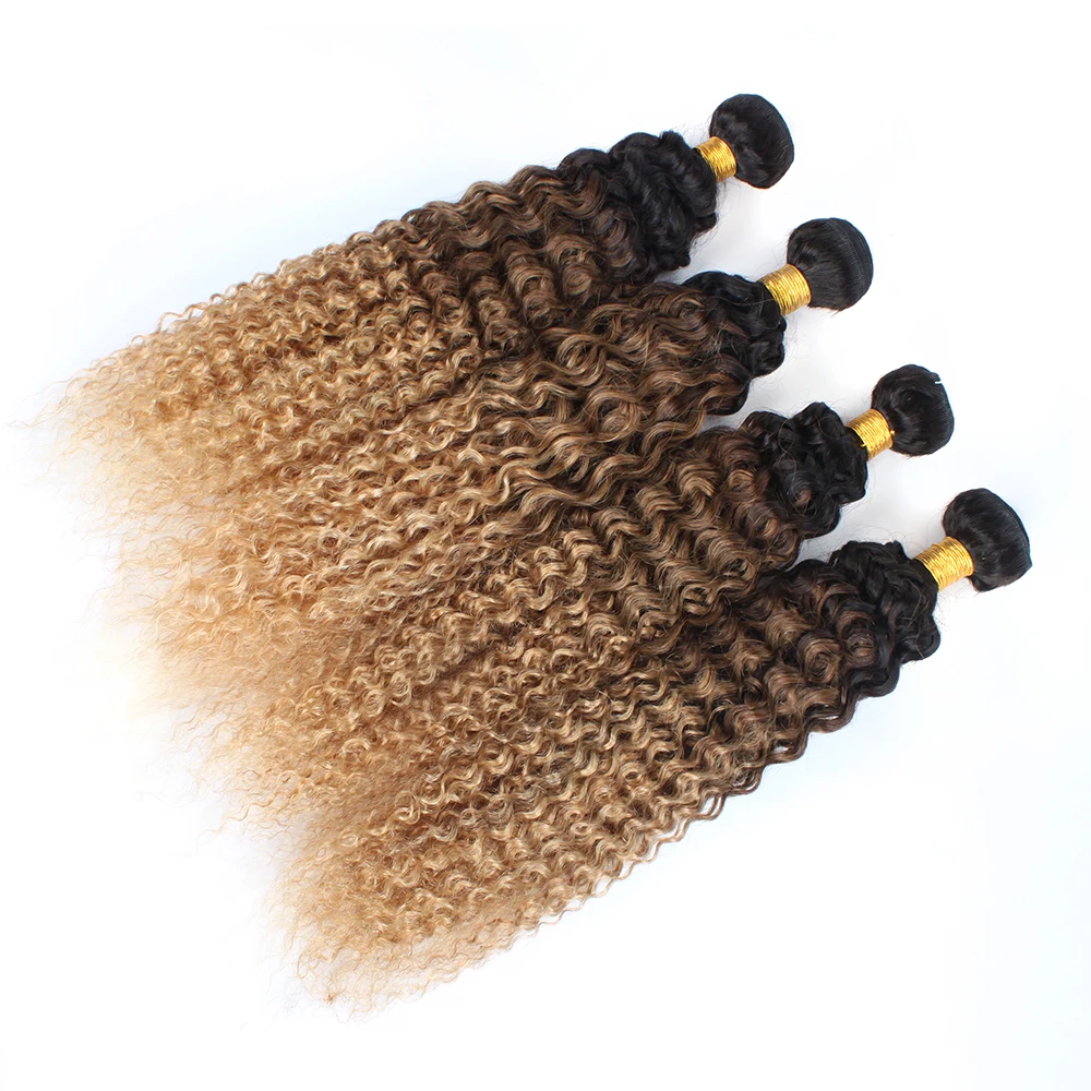 Extensions de cheveux humains bouclés avec fermeture pour femme, faisceaux de vague d'eau colorés, blond ombré, 1B, 27