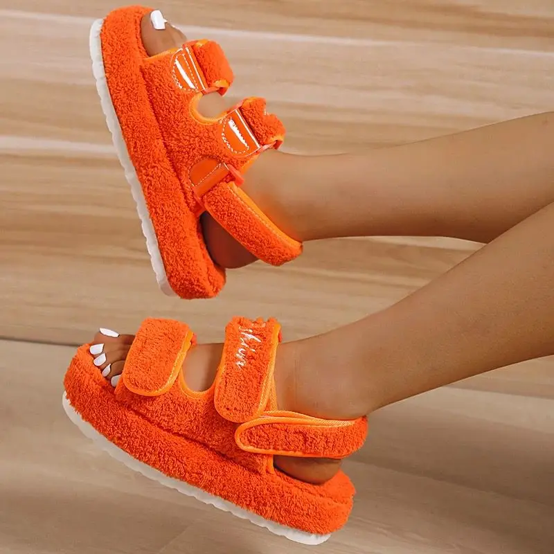 Fur Platform Sandals Women Summer Thick Flat Slides Sandals Girl Fashion Casual Beach Shoes Ladies Open-Toe Plus Size Shoes